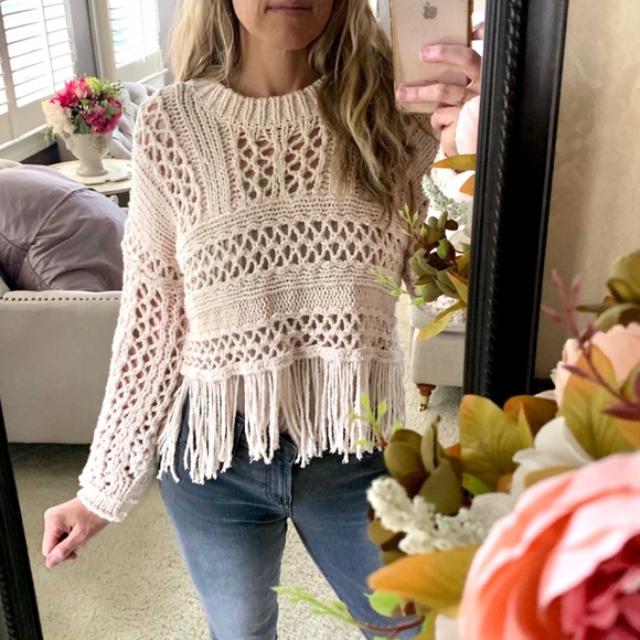 Free People Sweaters - FREE PEOPLE | Crochet Fringe Cream Boho Sweater